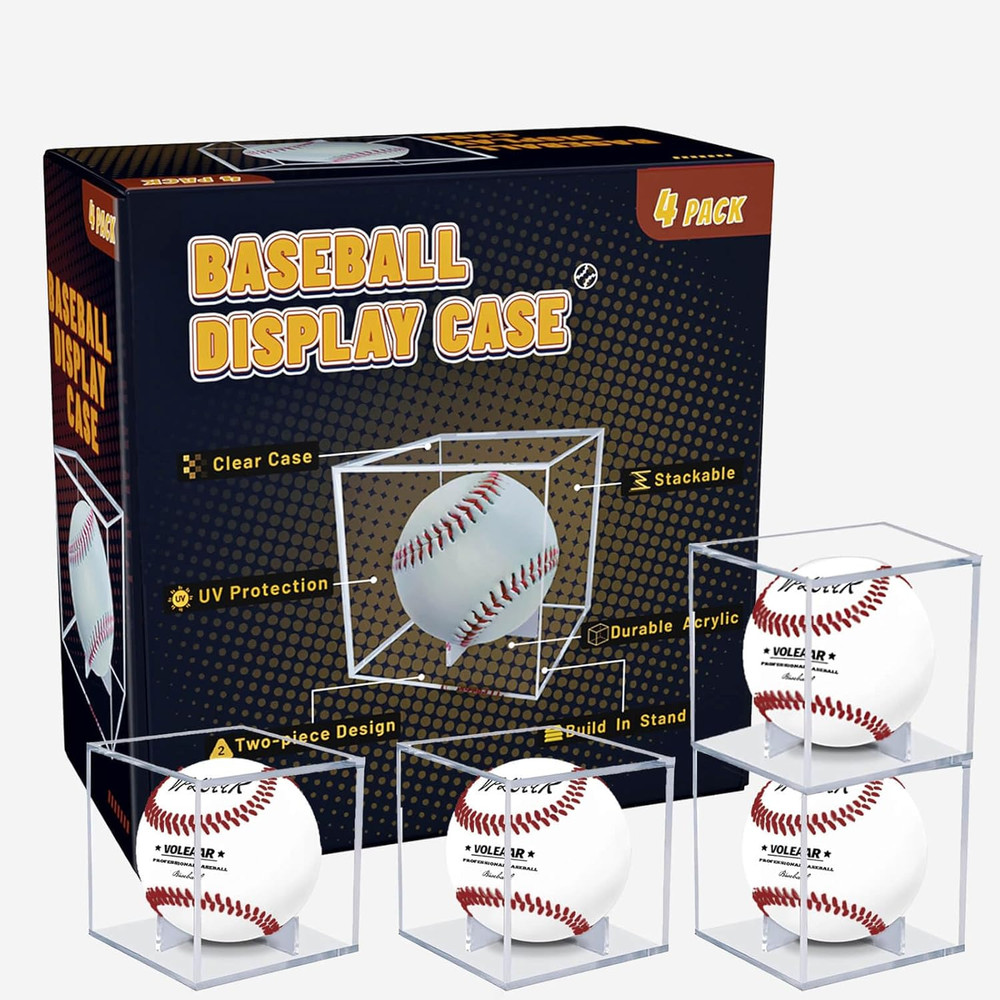 4 Pack Baseball Display Case, UV Protected Acrylic Square Baseball Holder, Clear