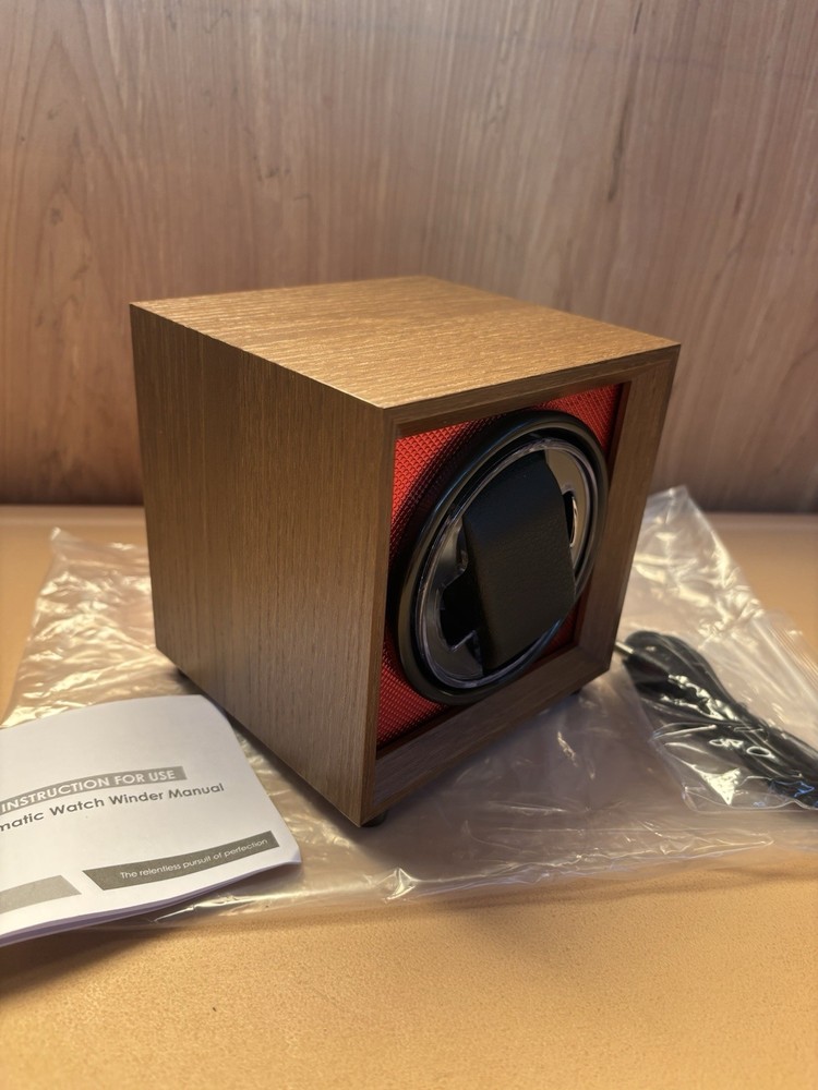 Automatic Watch Winder Single Wood Grain Display Case Red Interior Quiet Motor