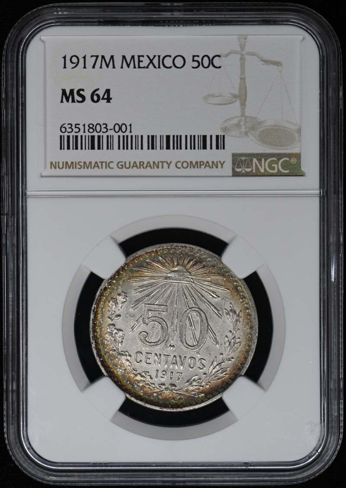 1917M MEXICO Silver 50 Centavos NGC MS64