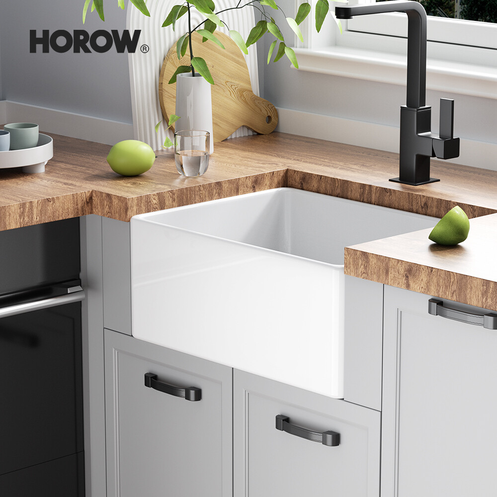 24" Sink Single Bowl Undermount Ceramic Farmhouse Apron Kitchen White Rectangle