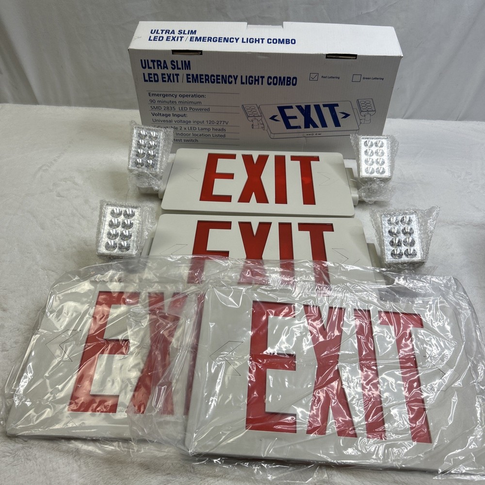 2 Pack LED Exit Sign Emergency Combo Light with Adjustable Two Head Battery UL