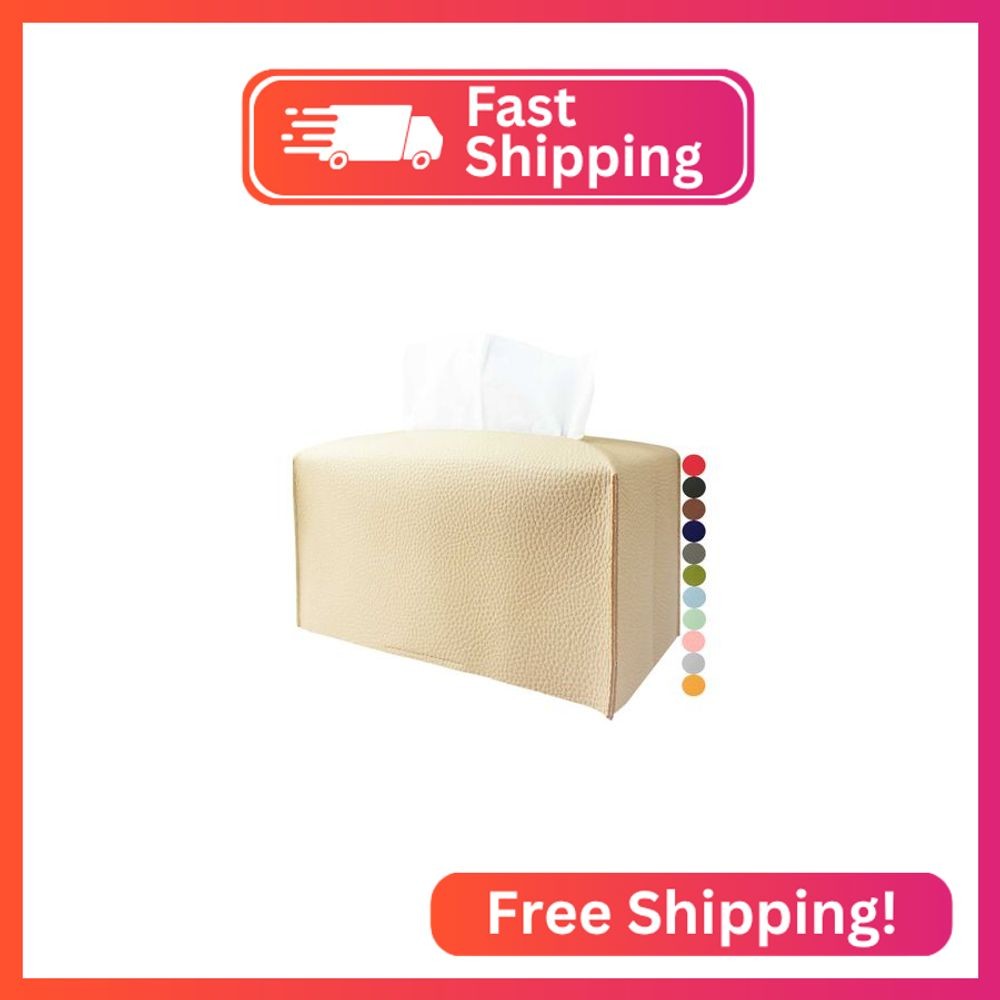 Tissue Box Cover Leather Rectangular – with Bottom Belt [JESMINI, Beige] Modern