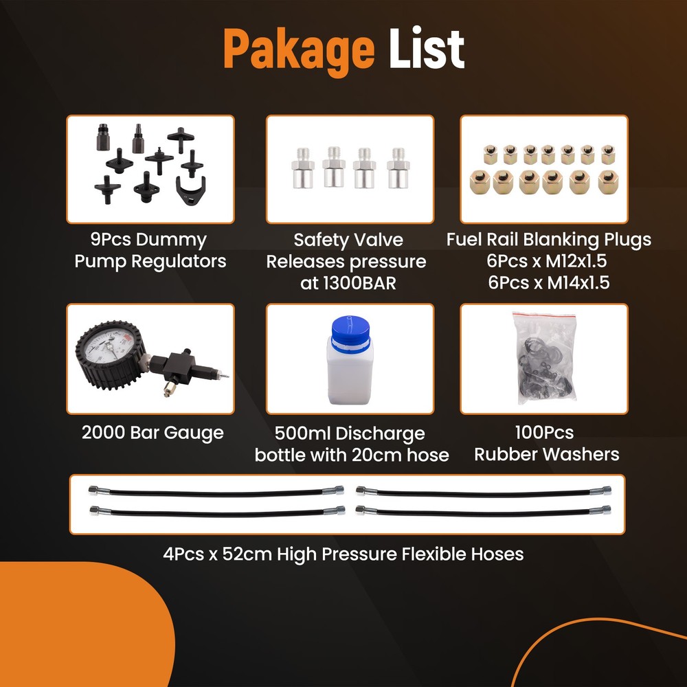 Diesel Engine Common Rail Pressure Test Kit 2000BAR Diagnostic Tool with Hoses
