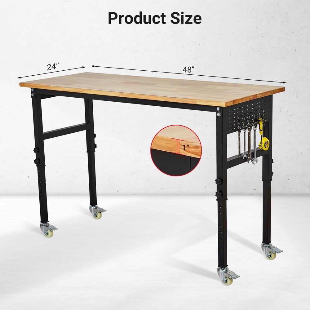 48" Adjustable Workbench 2000Lbs Load Work Bench for Garage w/ Pegboard & Wheels
