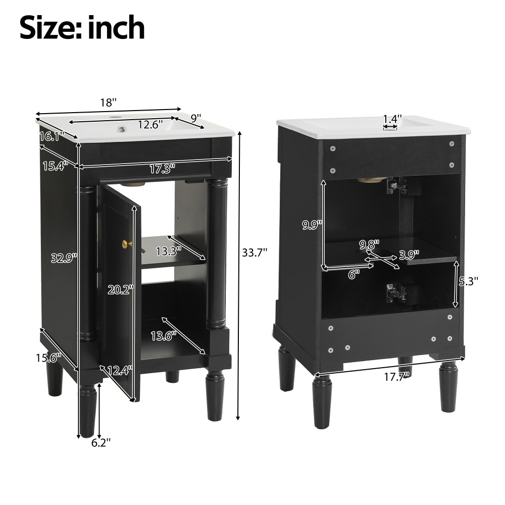 French Bathroom Vanity with Ceramic Sink & Soft-Closing Doors, Black