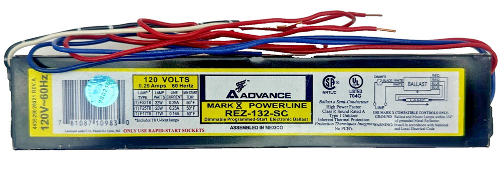 Advance REZ-132-SC Dimmable Programmed Start Electronic Ballast 120v, new.