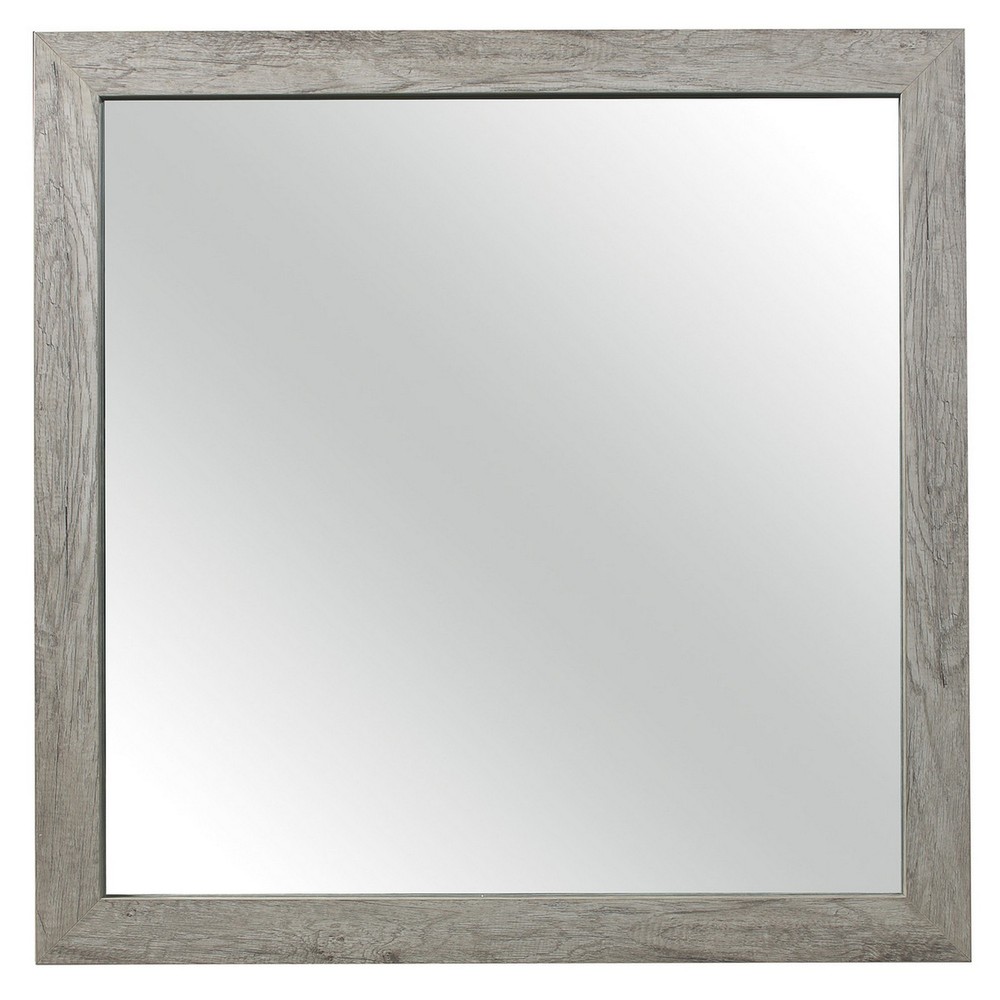 39 Inch Transitional Mirror, Square Wood Frame, Weathered Gray Veneer