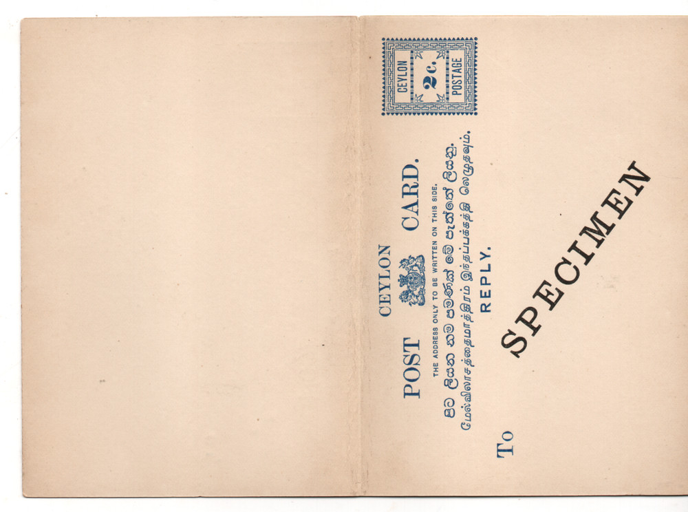 Ceylon 2c Specimen Reply Card unused WS46677
