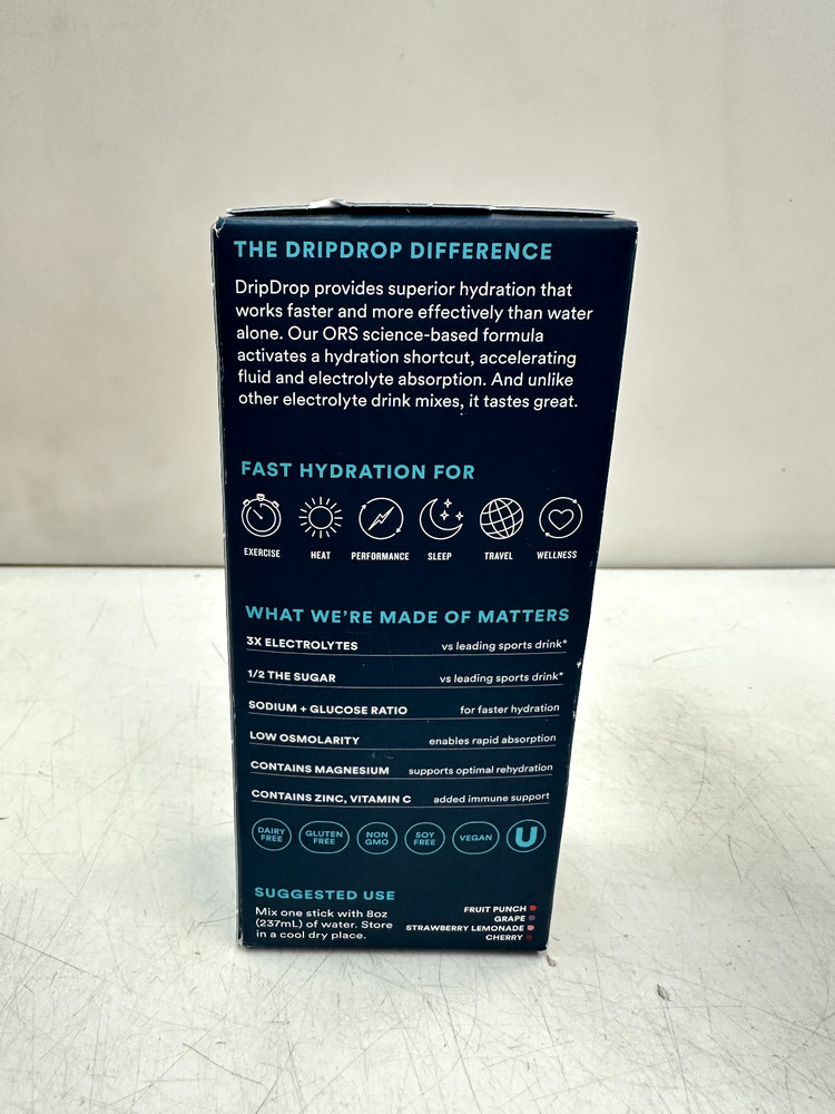 (4) DripDrop Hydration - Electrolyte Powder Packets - Grape, Fruit Punch,