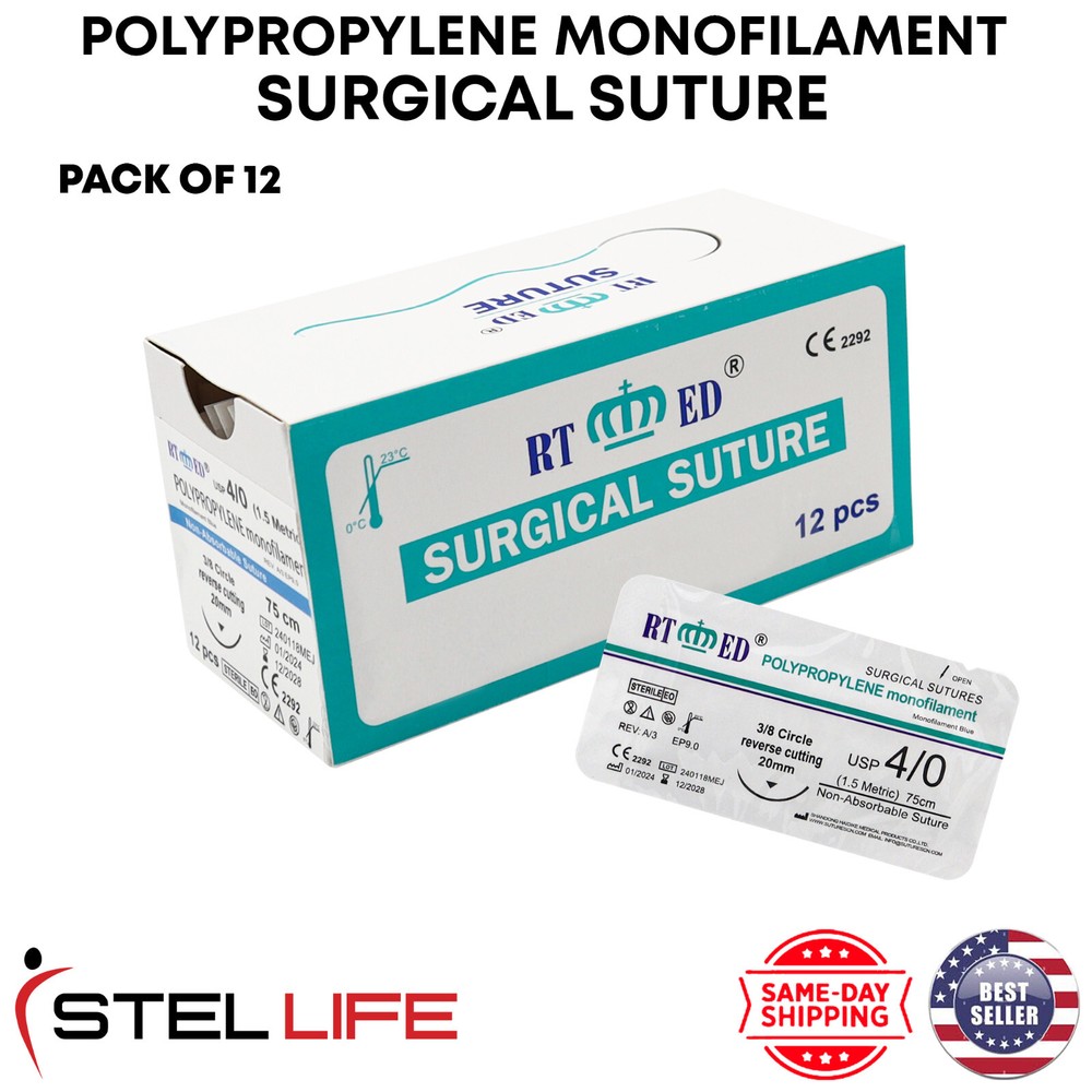 4/0 Polypropylene Suture Threads with Needle Pack of 12 Sterile Practice Suture