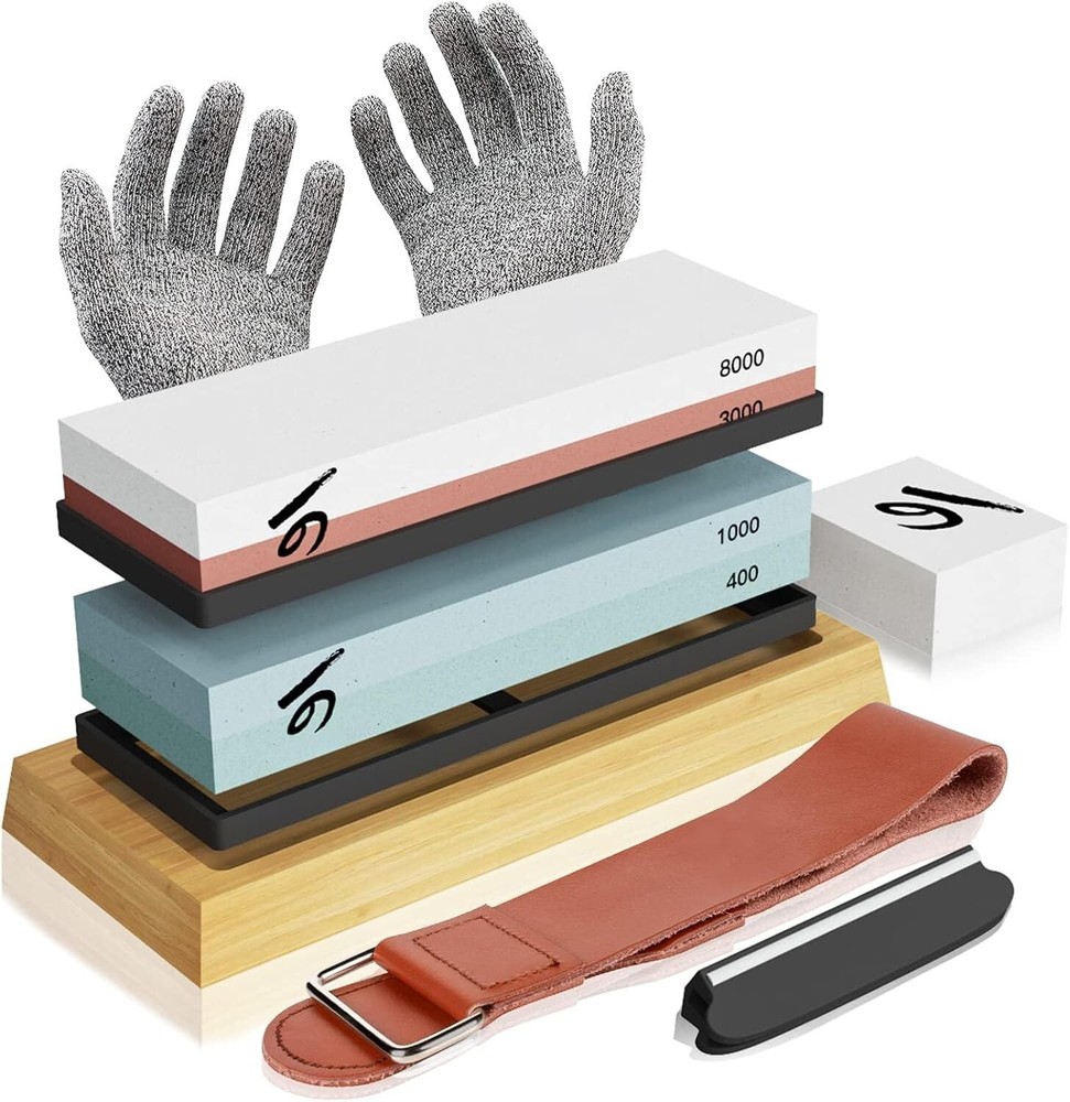 Razor Sharp Knife Sharpening Stone Set – Safe & Easy with Cut-Resistant Gloves