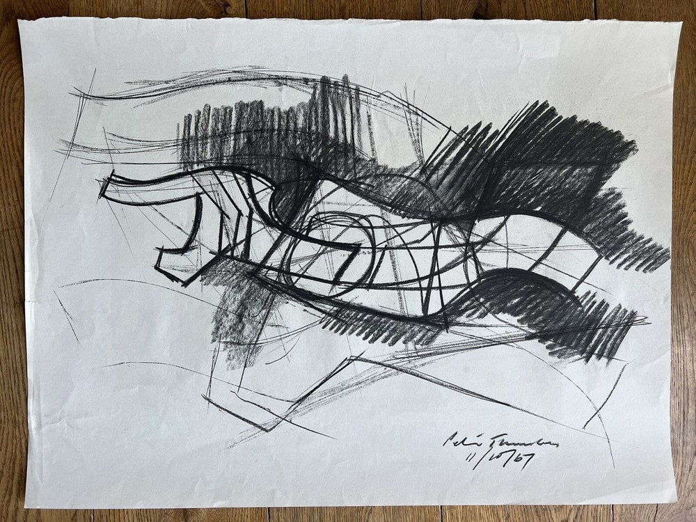 Peter Thursby Original 1967 Charcoal Drawing Study For Sculpture Signed Dated