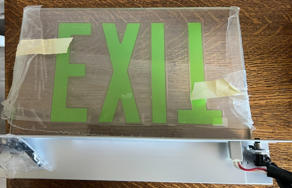Lithonia Aluminum Edge-Lit Exit Sign, Double Face, Green Panel assembly