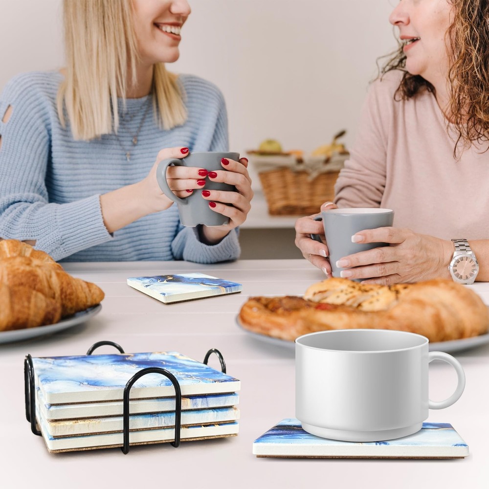 Blue Absorbent Ceramic Coasters for Drinks with Black Holder and Cork Base Se...