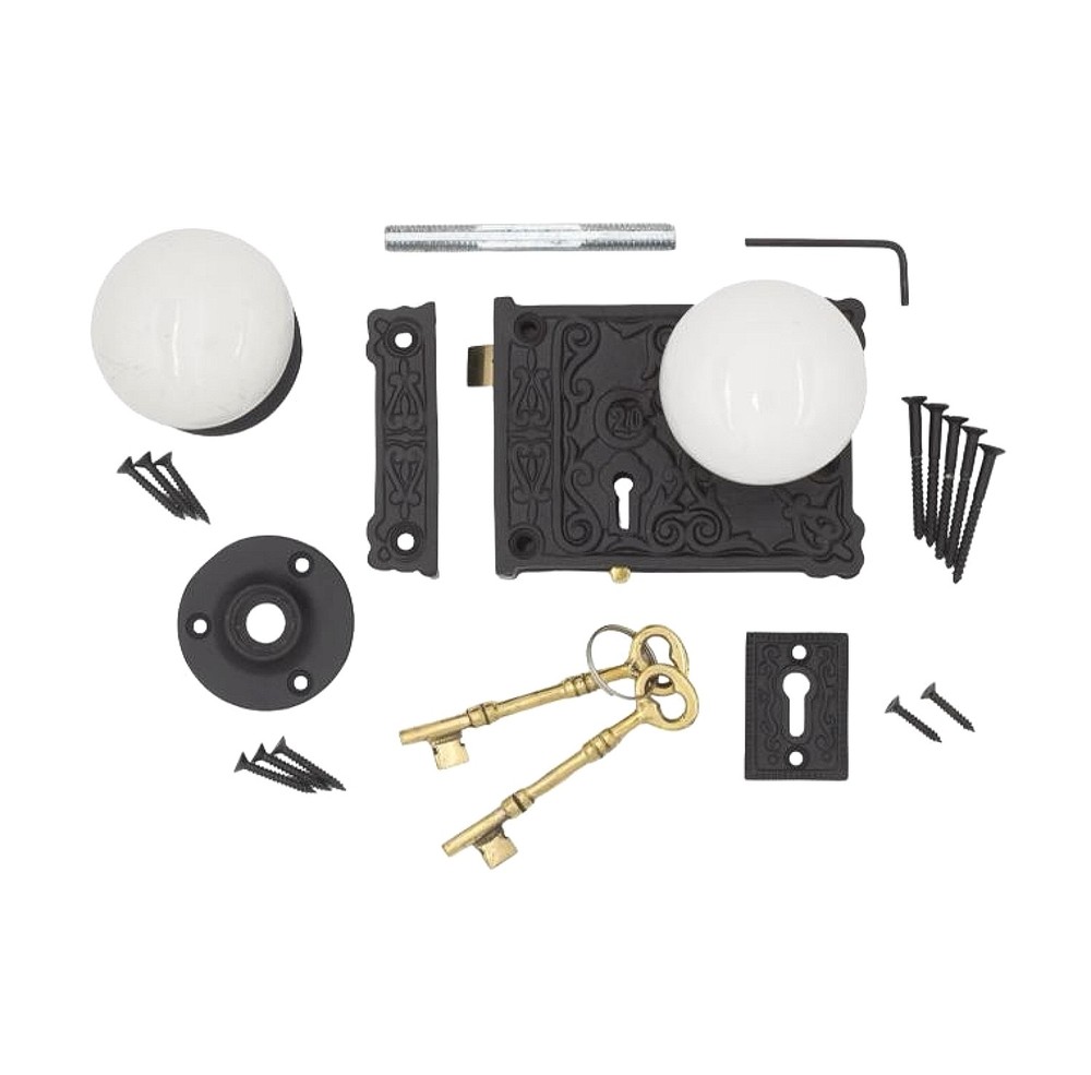 Rectangular Rim Lock Cast Iron Victorian Box Decorative w White Porcelain Knobs