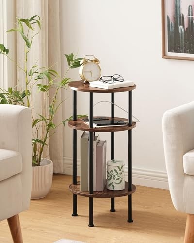 Round Side Table with Charging Station, Small Round End Rustic Brown + Black
