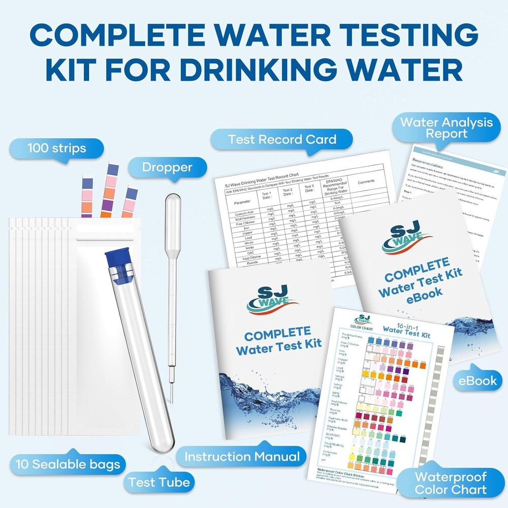 16 in 1 Drinking Water Testing Kits - 100 Strips 10 Strips Per Pouch Water Te...