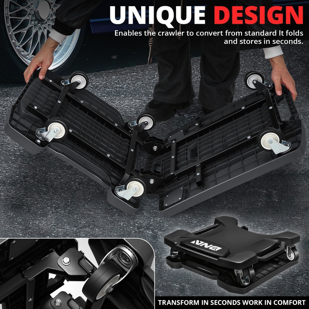 Foldable Low Profile Creeper for For Auto Mechanics Garage Stool Rolling Black