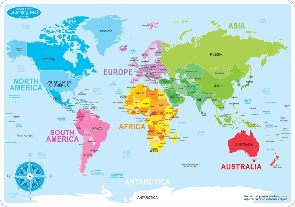 Ashley World Map Basic Smart Poly Learning Mat 13" x 19" (ASH95002)