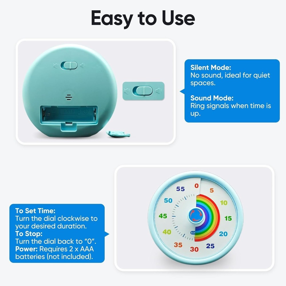 Rainbow Visual Timer for Kids, 60 Minute Silent Countdown Clock with Color Disk,