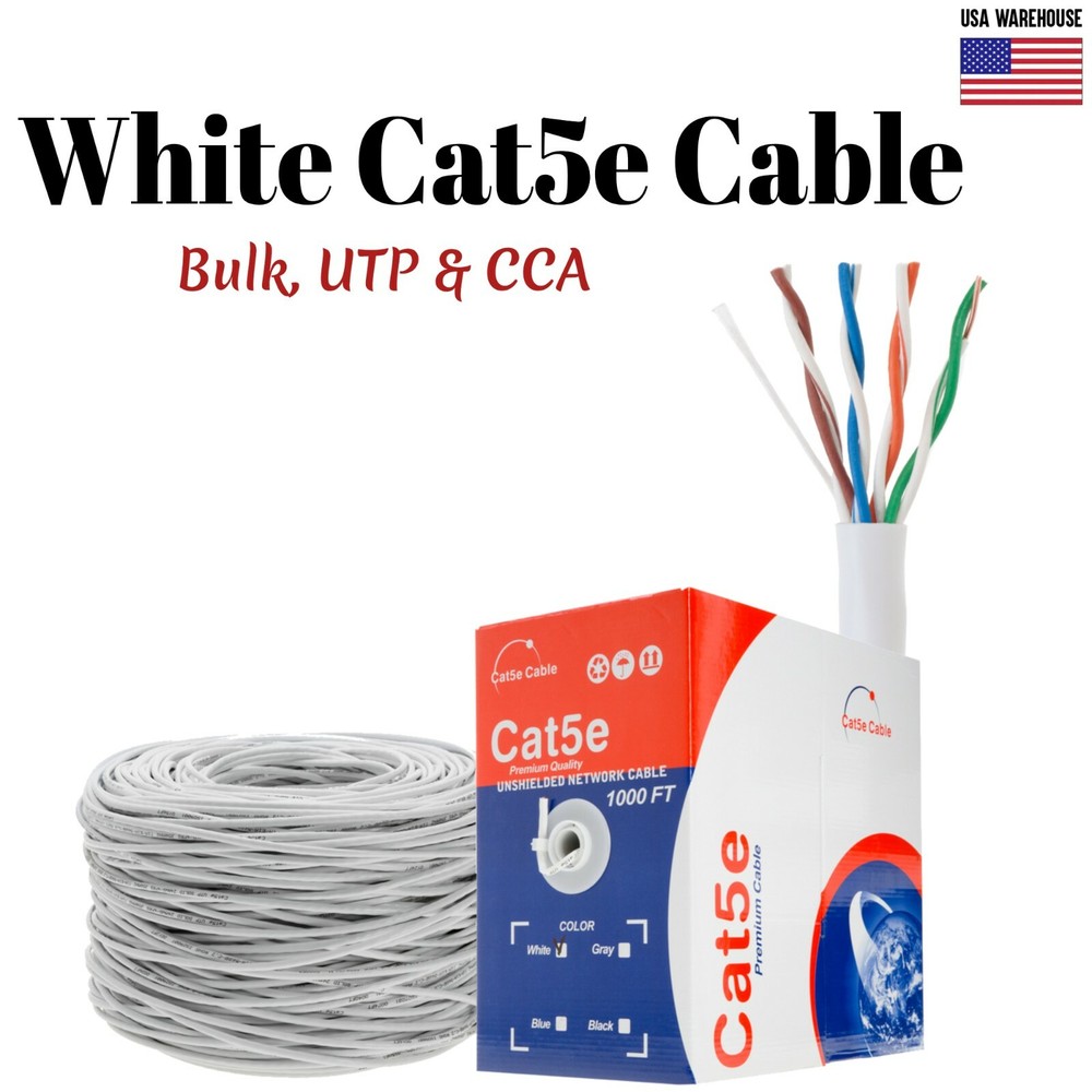 1000ft Cat5e White Ethernet Network Cable Solid 24AWG Copper Clad CCA Bulk Wire