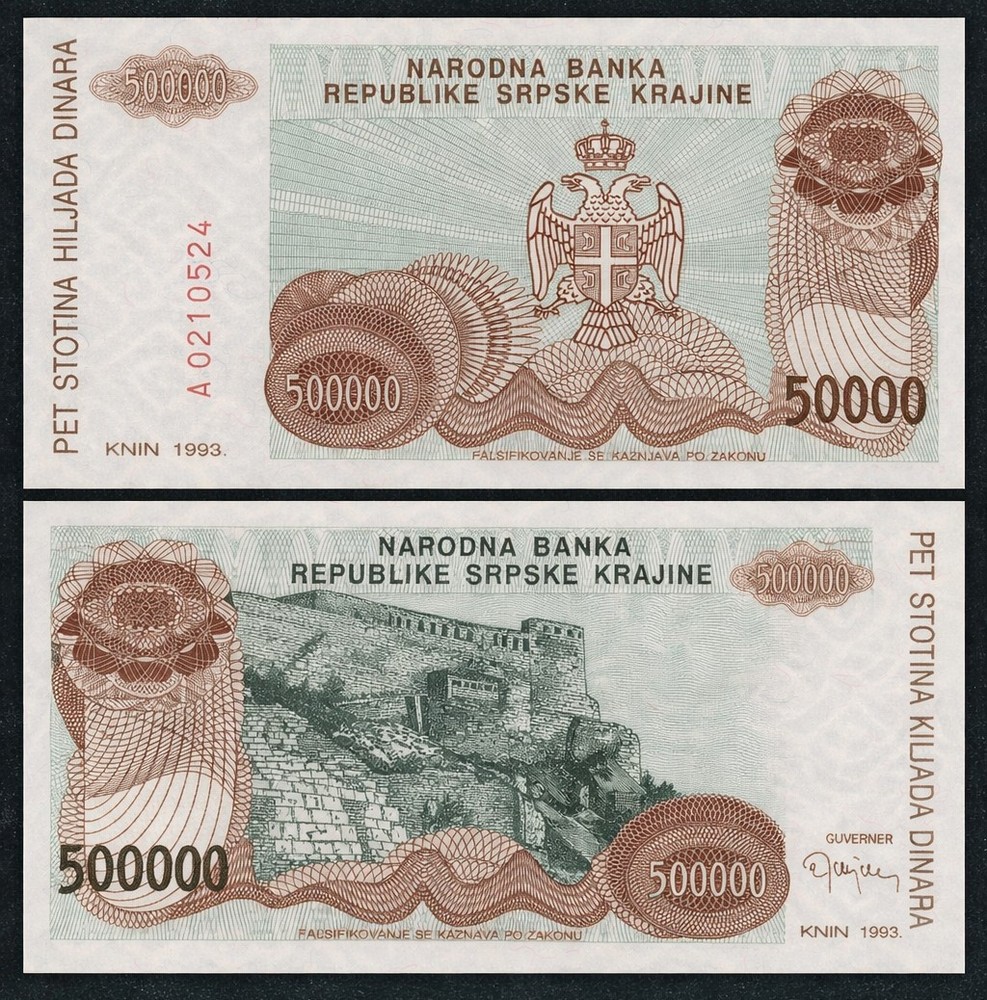 🔴CROATIA  500000 Dinara 1993 UNC  PR23  KNIN ISSUE🔴
