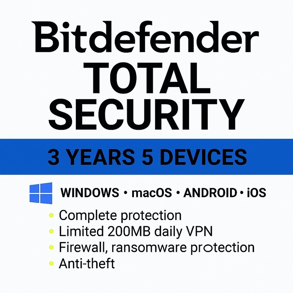 Bitdefender Total Security  3 Year 5 Devices + Daily VPN