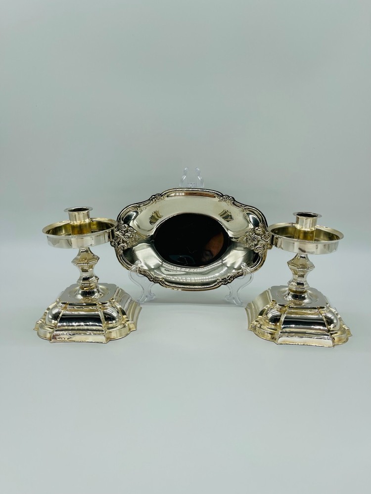 Pair Danish Denmark Silver Plated Candlesticks & Tray