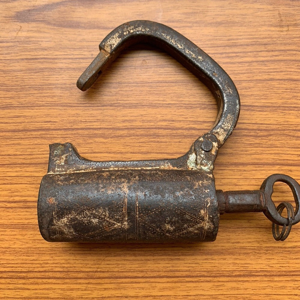 18th C Iron padlock or lock with SCREW TYPE Original key nice decorative shape.