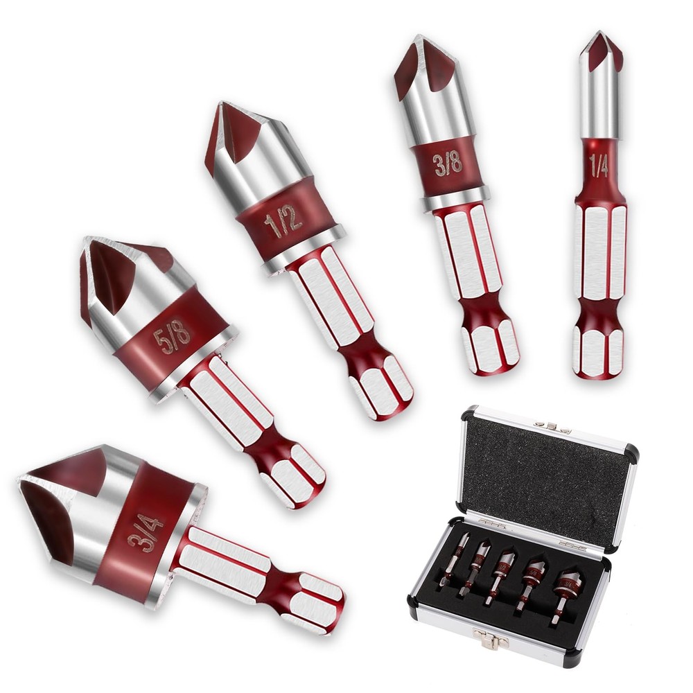 5Pcs Countersink Drill Bit Set, 82 Degree 5-Flute 0.75 inches