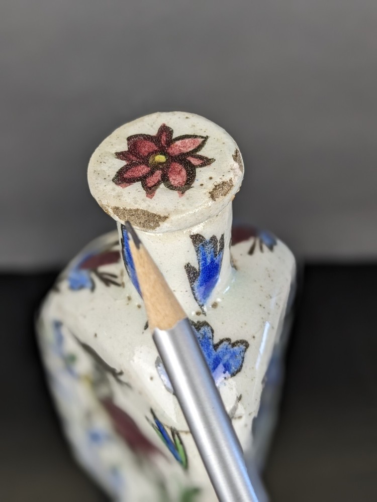 Antique Persian Qujar Pottery Bottle Tea Flask Floral Bird Pattern Triangular