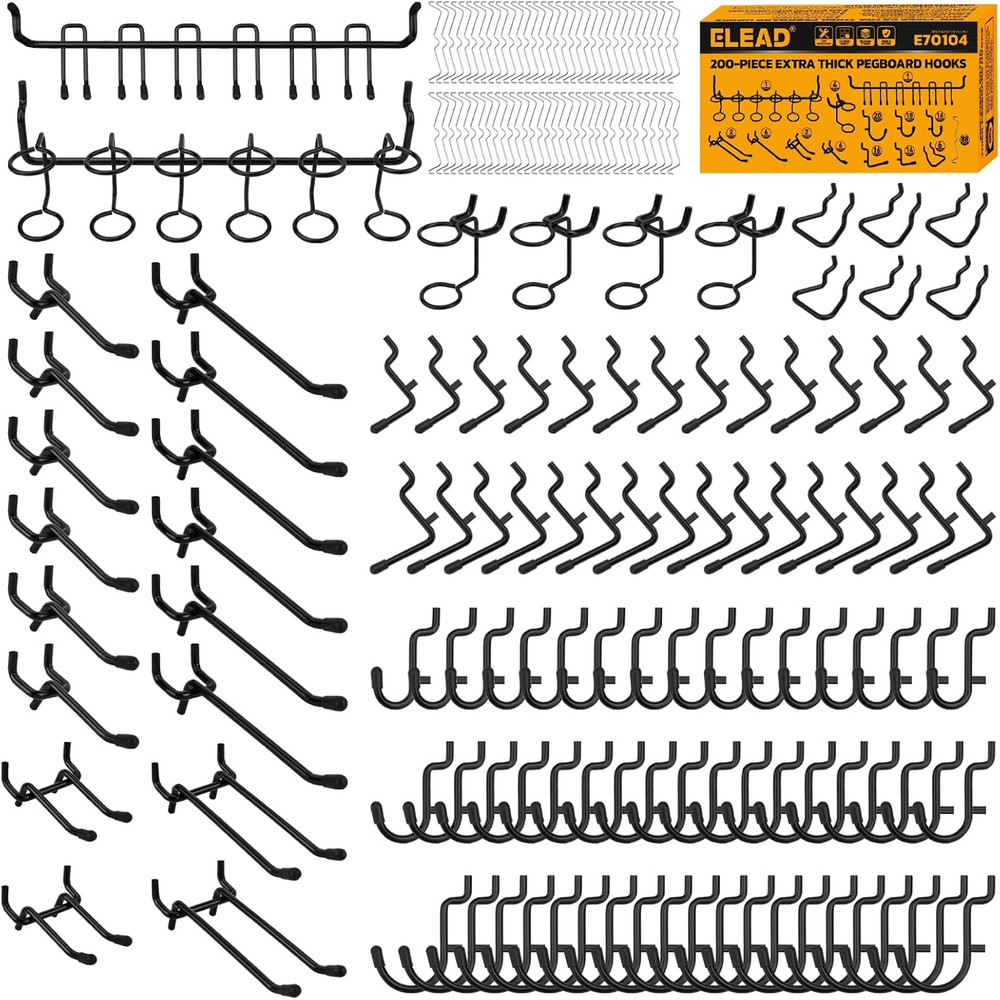 200-PC Extra Thick Pegboard Hooks Set 1/4" Heavy Duty Black Peg Board Organizer