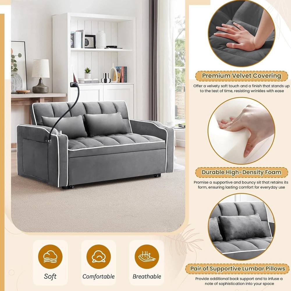 Convertible Sofa Bed Sleeper Couch Pull Out Bed with Cup Holder & USB Interface
