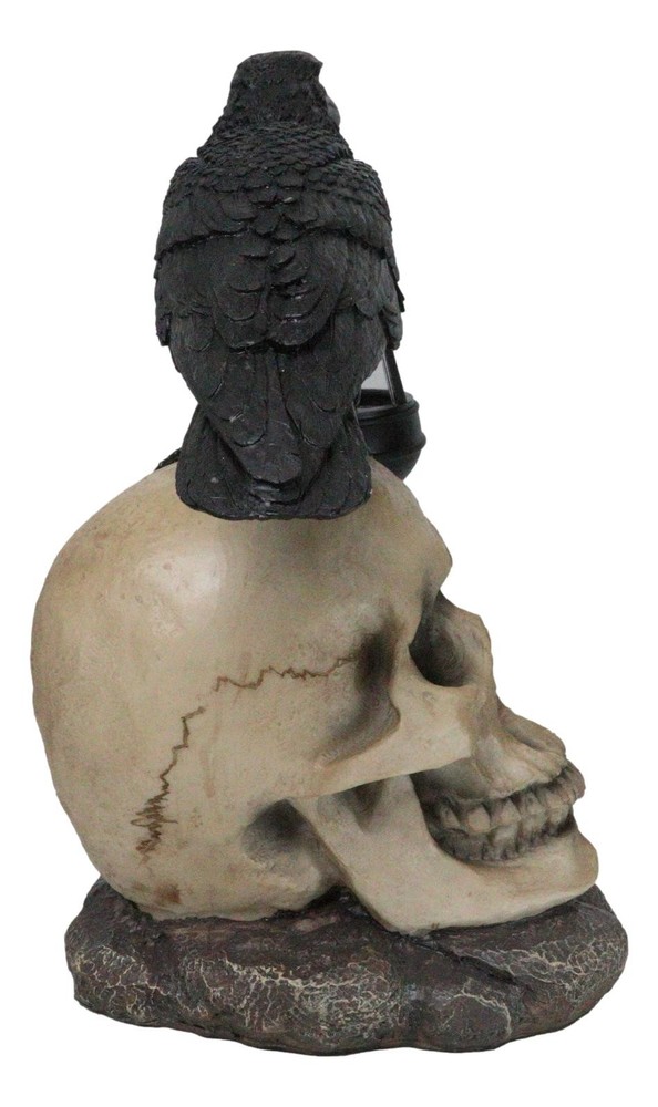 Edgar Corvus Raven Perching On Rose Skull Statue With Solar LED Lantern Light