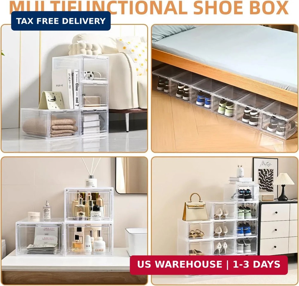 Large Shoe Boxes Clear Plastic Stackable，Drop Front Shoe Box with Clear Door, Sh