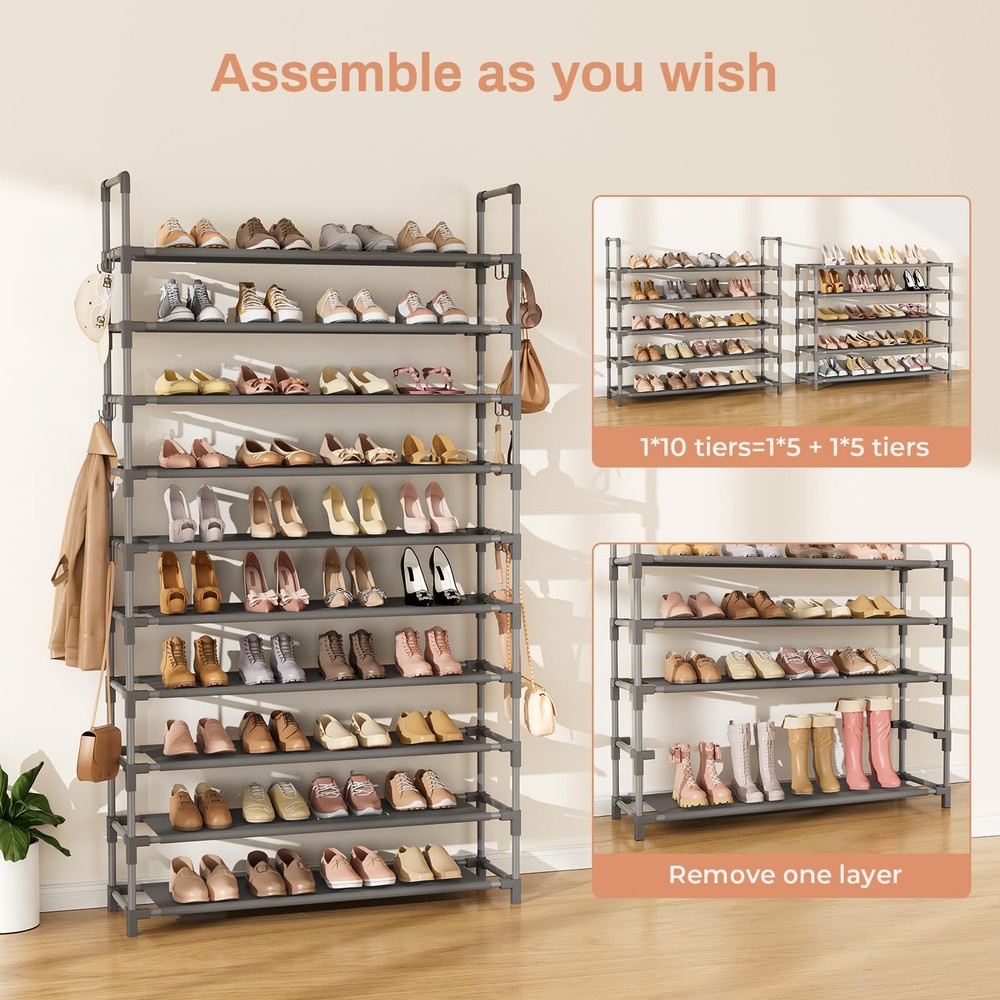 10Tier Tall Shoe Rack with 18 Hooks Holds 50 Pairs, Stackable Vertical Grey