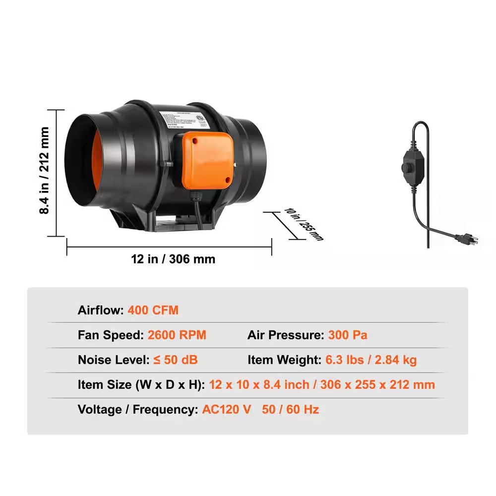 Inline Duct Fan, 6 In. 400 CFM with Variable Speed Controller, Quiet Ac-Motor Ve