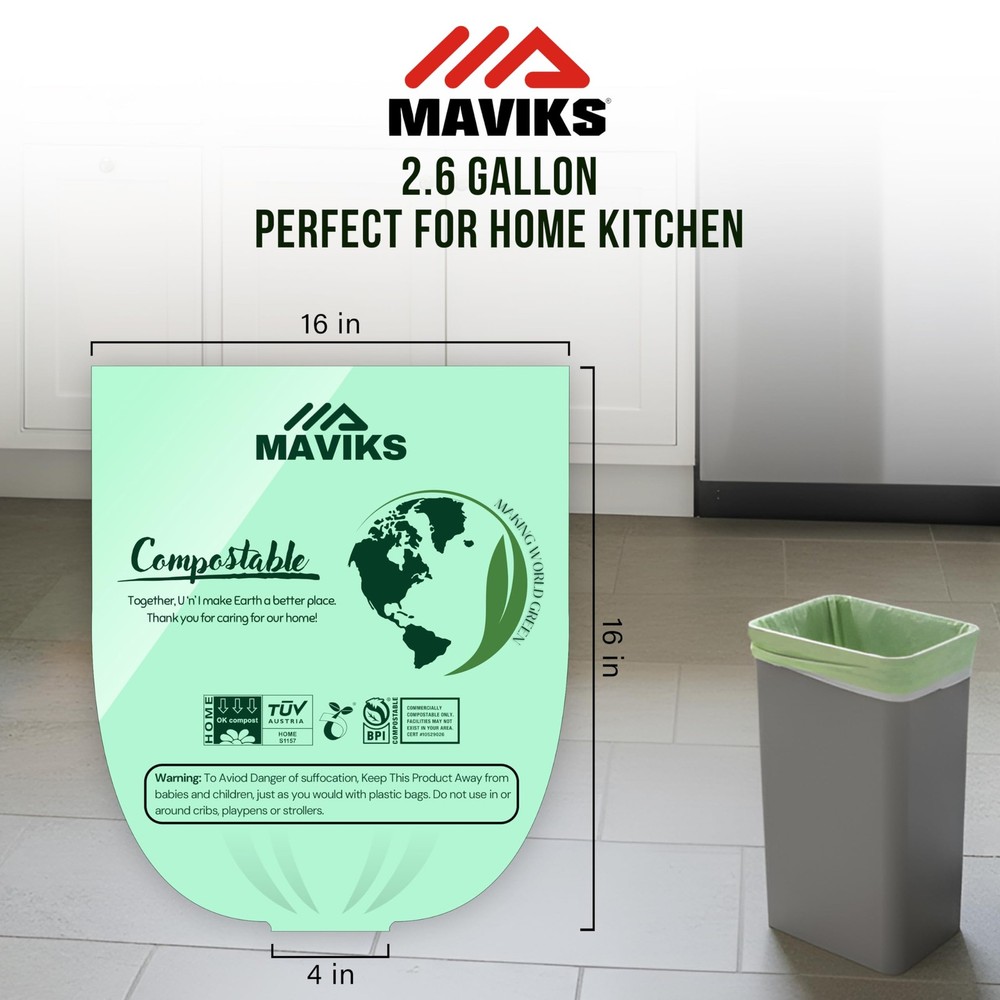 Super Durable Biodegradable Compostable Trash Bags 2.6 Gallons / 9.84 Liter,