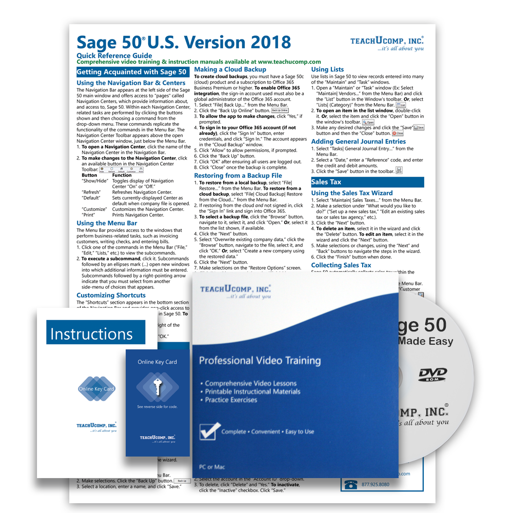 SAGE 50 ACCOUNTING 2018 DELUXE Training Tutorial Course & Quick Reference Guide