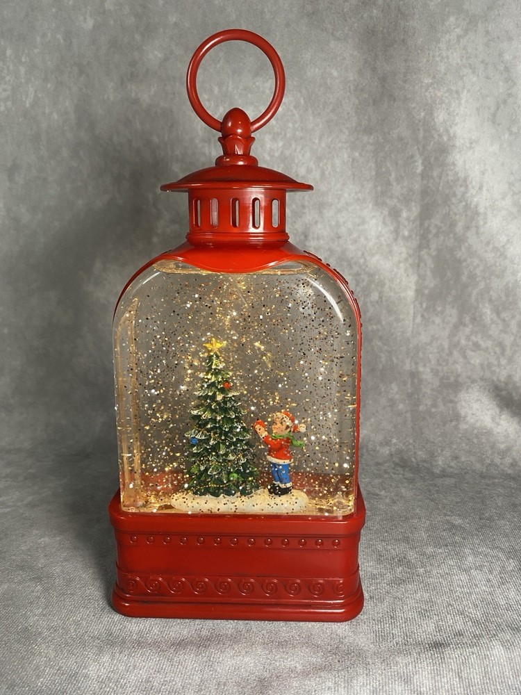 11” Red Christmas Tree and Boy Lighted Glitter Water Snow Globe Lantern