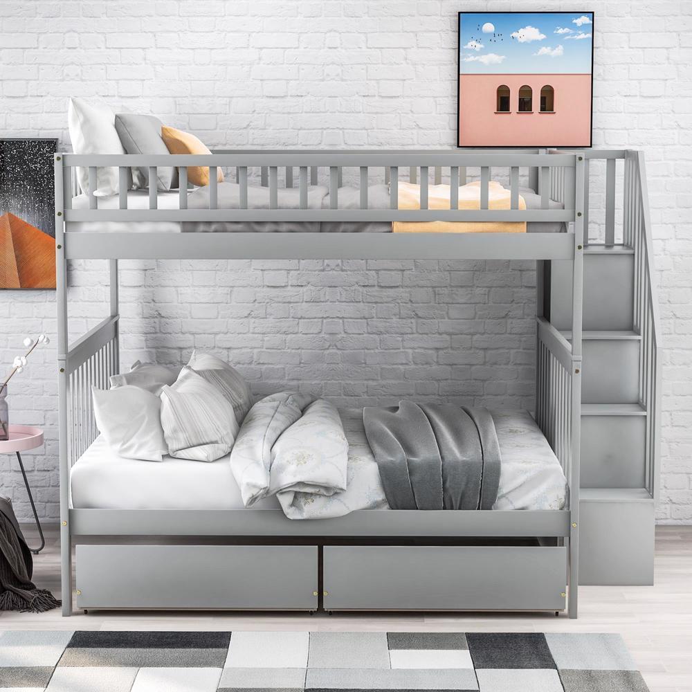 New Stability Full over Full Bunk Bed with Two Drawers and Storage, Gray