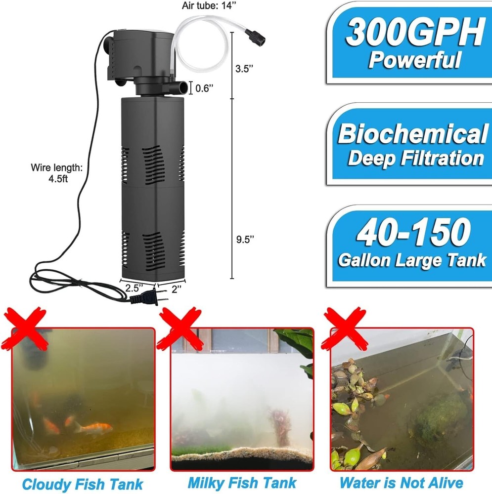Aquarium Filter 300 GPH - Powerful Submersible 4-in-1 Solution for Large Tanks