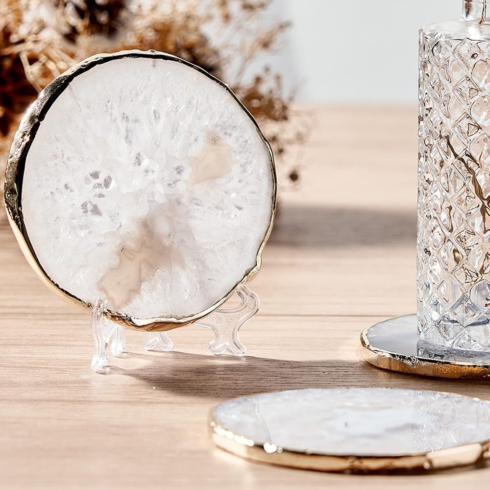 White Agate Coasters for Drinks, Crystal Coaster with Gold Edge 3.5-4", Geode...