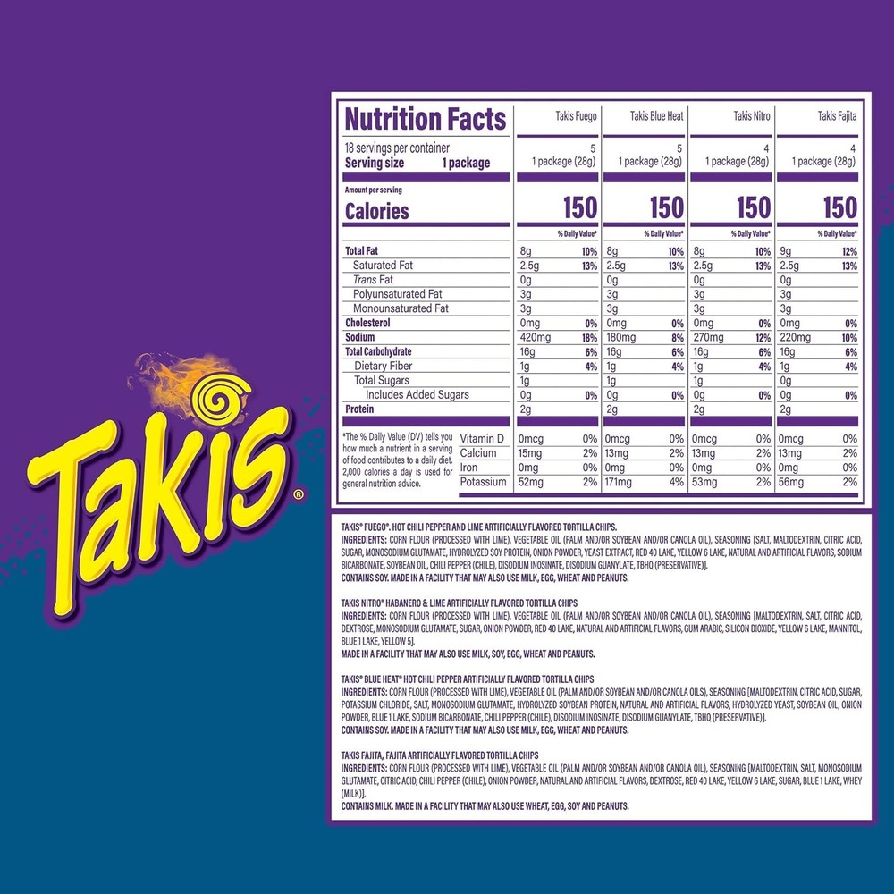 Takis 18 pc / 1 oz Variety Pack, Assorted Flavored Mixed Rolled Tortilla Chips .