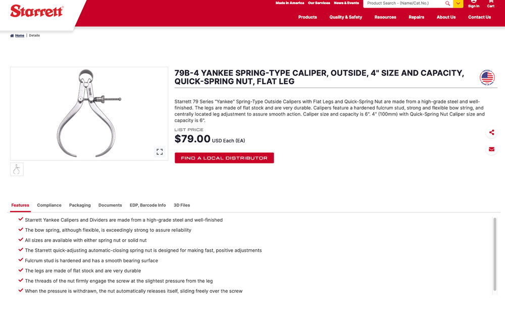 Vintage 2.5" Starrett Outside Calipers 79 79B - NICE