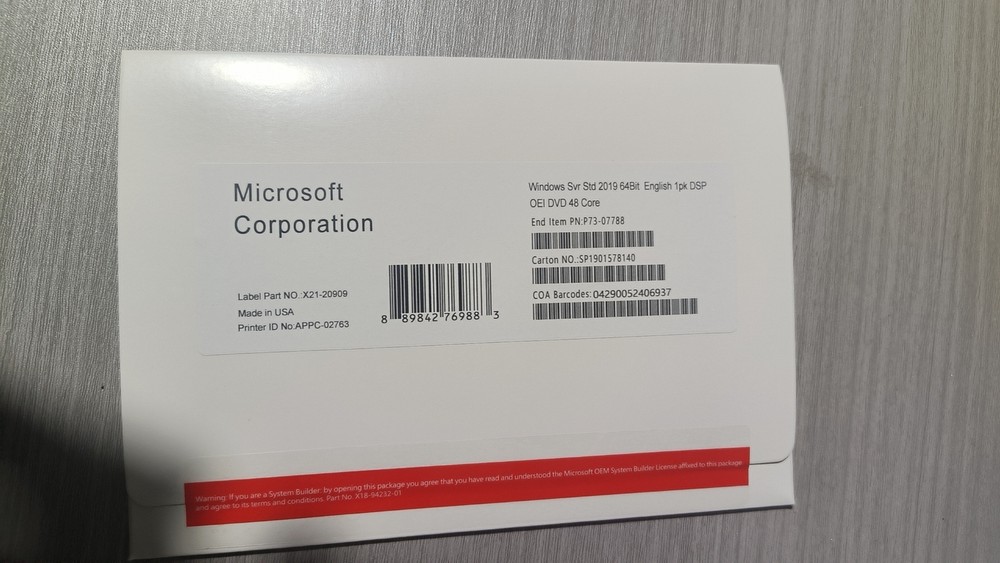 Microsoft Windows Server 2019 x64 Bit STANDARD 48 CORE License Key+DVD
