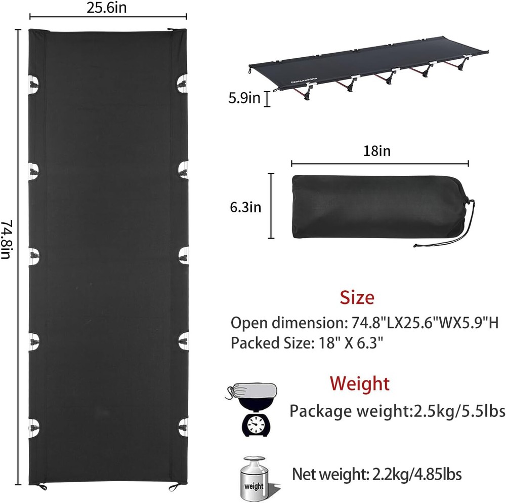Camping Cot,Ultralight Folding,330 lb Weight Capacity,Portable CampingCot Black