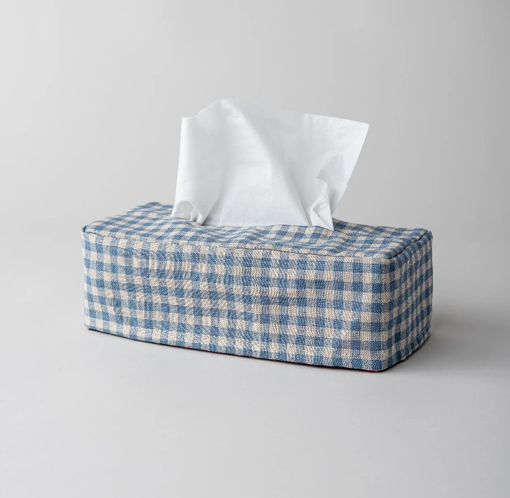 Tissue Box Cover Woven Fabric Blue Gingham