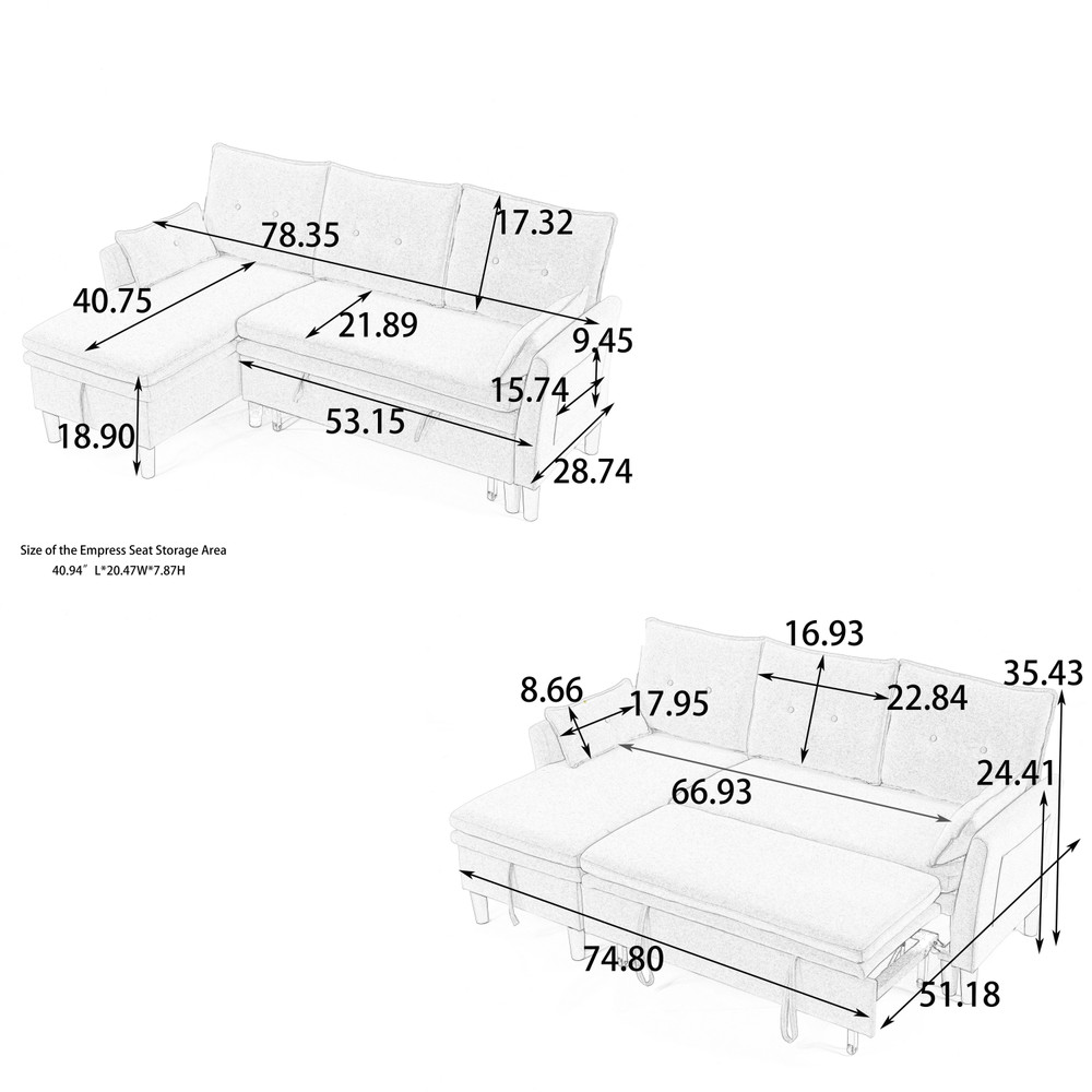 Modern L-Shaped Cotton-Linen Sectional Sleeper Sofa with Pull Out Bed & Storage