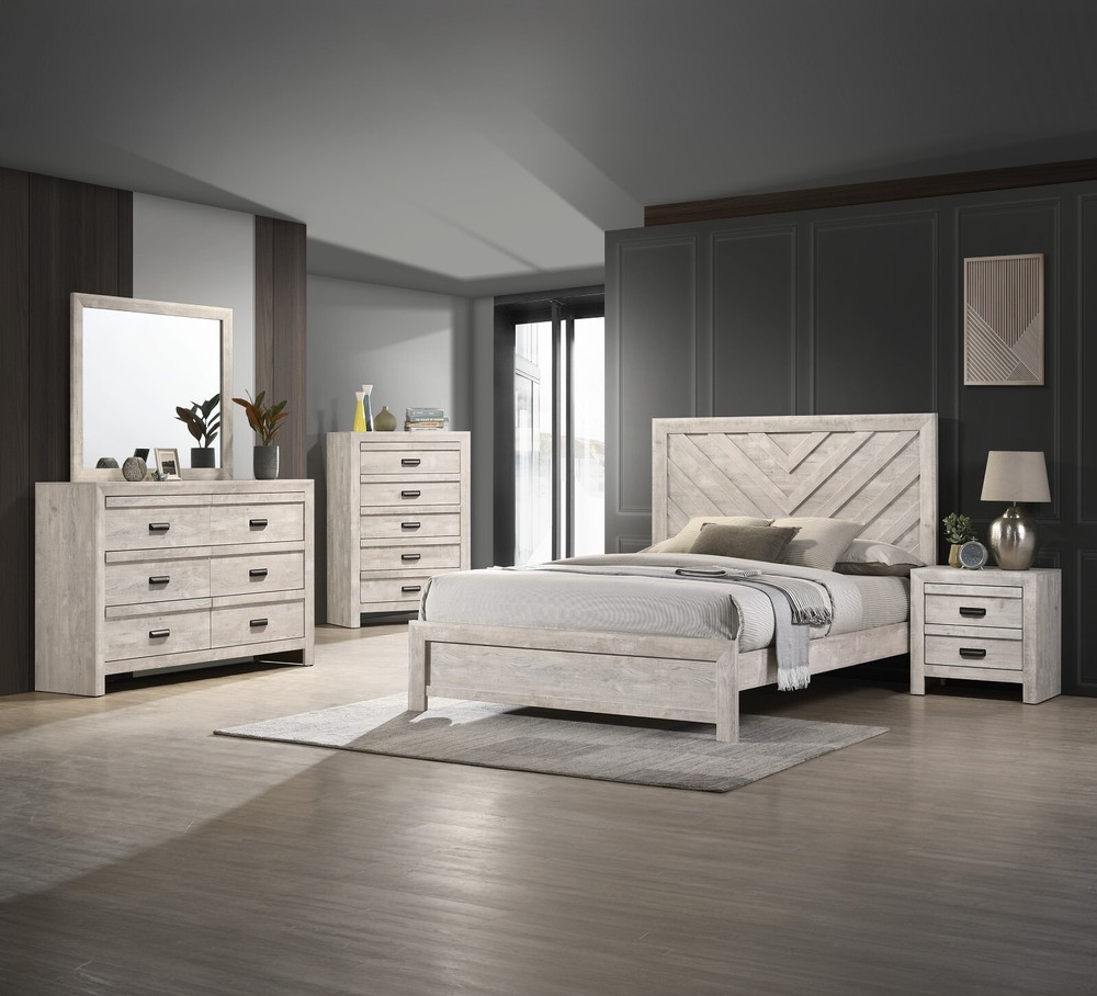 Rustic Gray Beige Queen Size 6pc Panel Bed Set Master Bedroom Furniture